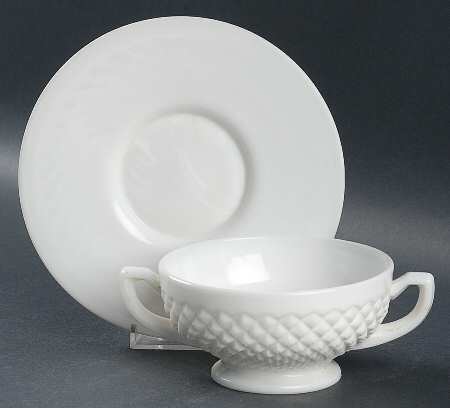 English Hobnail Milk Glass (Round or Hex Base) Cream Soup & Saucer Set