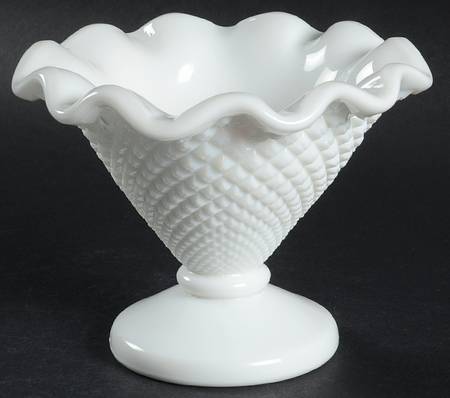 English Hobnail Milk Glass (Round or Hex Base) 4" Crimped Vase by Westmoreland
