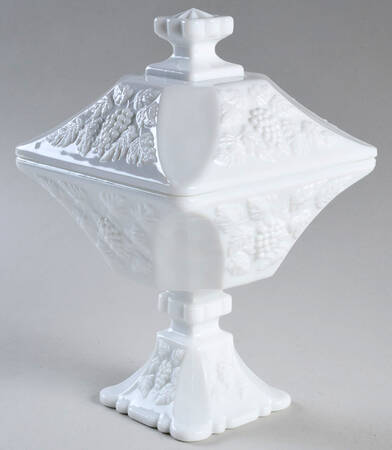Paneled Grape Milk Glass Footed Square Bowl & Cover