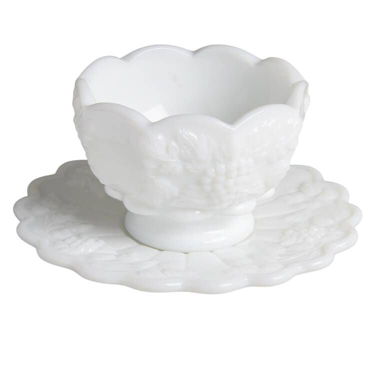 Paneled Grape Milk Glass Mayonnaise Bowl and Underplate