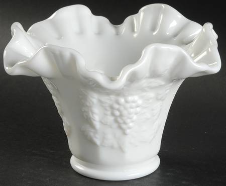 Paneled Grape Milk Glass Ruffled Flower Pot Vase