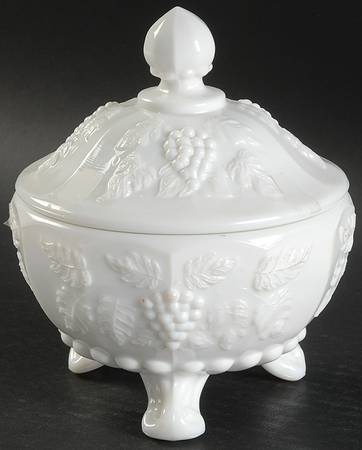 Paneled Grape Milk Glass Candy Dish & Lid