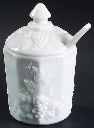Paneled Grape Milk Glass Marmalade & Lid W/Spoon (Old Fashioned Base)