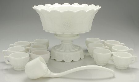 Paneled Grape Milk Glass (15 Pc) Punch Set (Bowl,Stand,Ladle & 12 Cups)