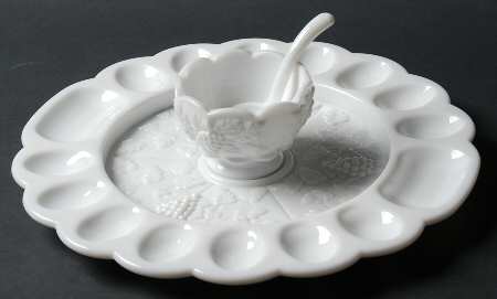Paneled Grape Milk Glass Deviled Egg Server Set