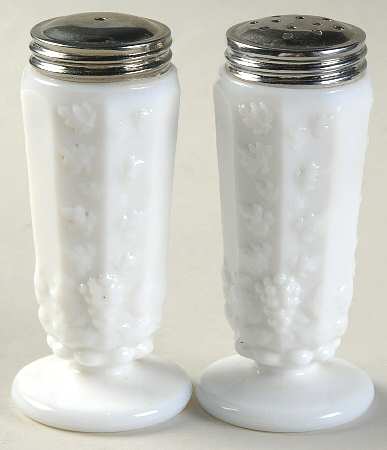Paneled Grape Milk Glass Salt and Pepper Shakers with Metal Lids