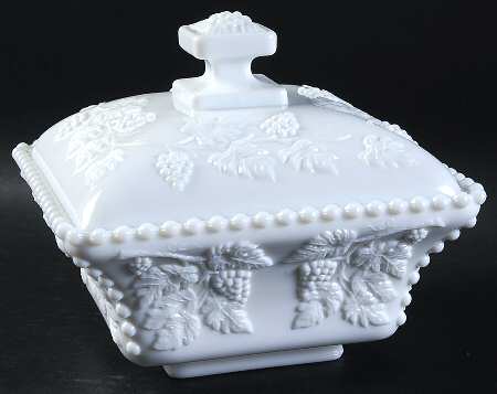 Paneled Grape Milk Glass 7" Beaded Flared Bowl & Lid