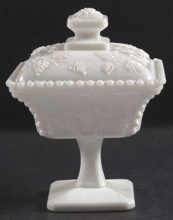 Paneled Grape Milk Glass Beaded Flared Bowl & Lid