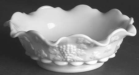 Paneled Grape Milk Glass Crimped Bowl
