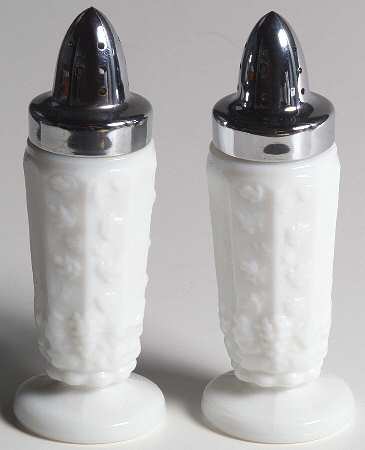 Paneled Grape Milk Glass Footed Shaker Set & Metal Lids
