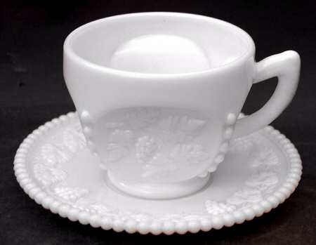 Paneled Grape Milk Glass Beaded Cup & Saucer Set
