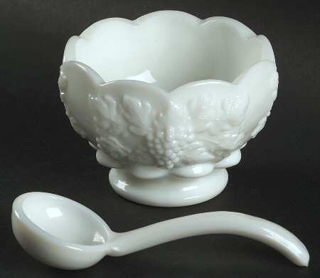 Paneled Grape Milk Glass Mayonnaise/Cocktail-Bowl and Ladle