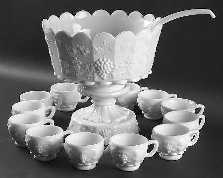 Paneled Grape Milk Glass (15 Piece) Punch Set (Bowl,Stand,Ladle,12 Cups