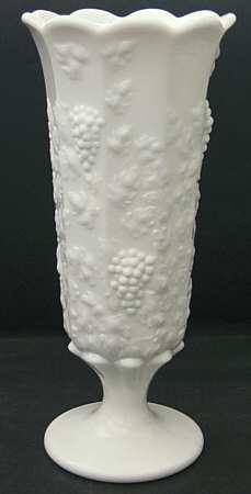 Paneled Grape Milk Glass Tall Crimped Vase