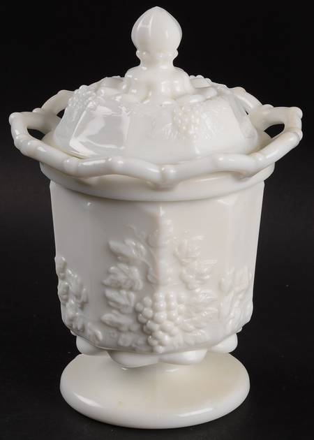 Paneled Grape Milk Glass Spooner & Lid