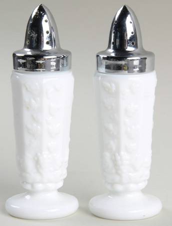 Paneled Grape Milk Glass Footed Shaker Set & Metal Lids