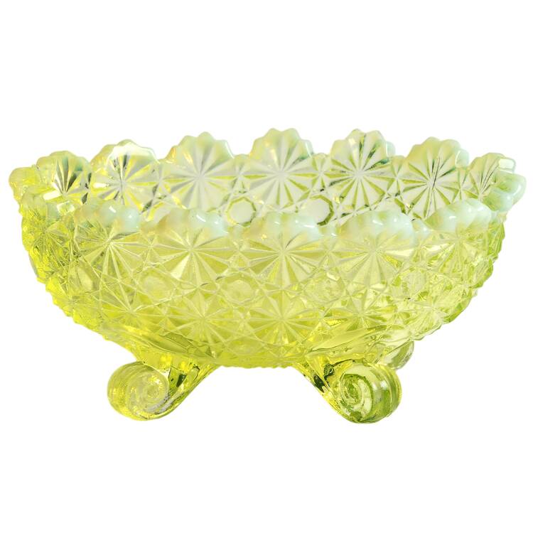 Daisy and Button Vaseline Opalescent 5" Oval 4 Toed Bowl