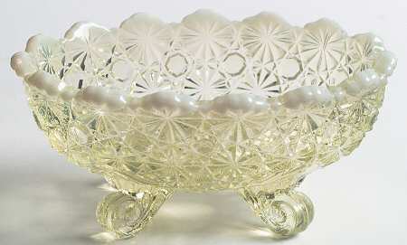 Daisy and Button Vaseline Opalescent 4-Toed Oval Bowl