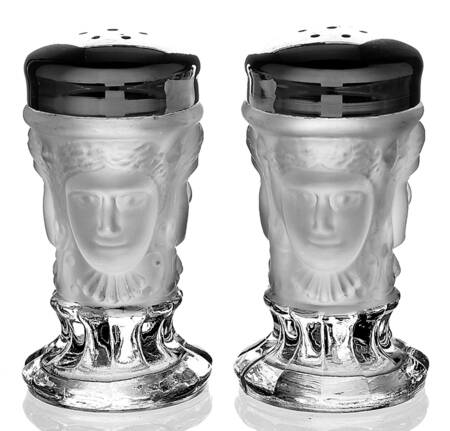 Three Faces Footed Shaker Set & Metal Lids