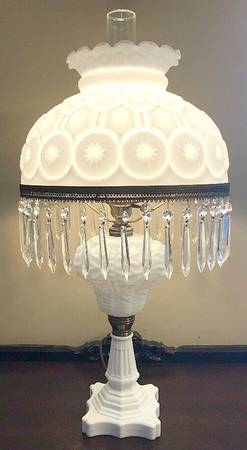 Moon and Star Milk Glass Electric Lamp with Globe and Chimney