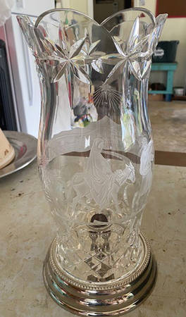 Crystal and Brass Collection Nativity Hurricane Lamp Platinum Base