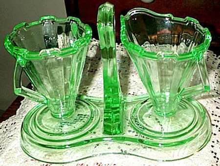 Modernistic Green Creamer, Sugar and Tray Set