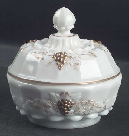 Paneled Grape Milk Glass (Gold Accents, 915) Round Puff Box with Lid