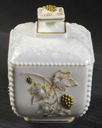Paneled Grape Milk Glass (Gold Accents, 915) Beaded Square Puff Box with Lid
