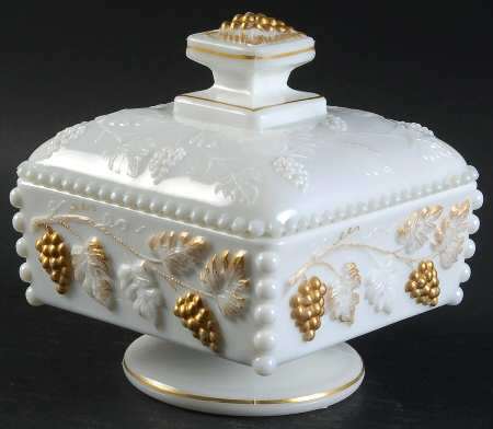 Paneled Grape Milk Glass (Gold Accents, 1881) Beaded Honey Dish & Lid