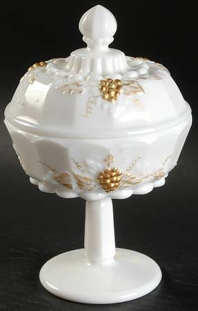 Paneled Grape Milk Glass (Gold Accents, 1881) Compote & Lid