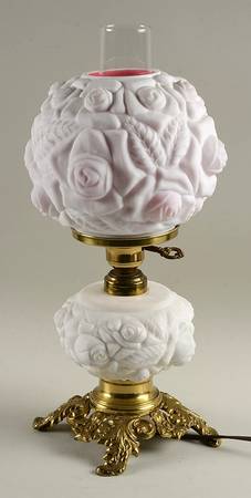Embossed Rose Peach Blow Satin Student Lamp with Globe & Chimney