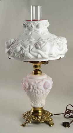Embossed Rose Peach Blow Satin by L G Wright Glass
