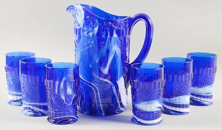 God and Home Blue Slag Pitcher & 6 Tumbler Set
