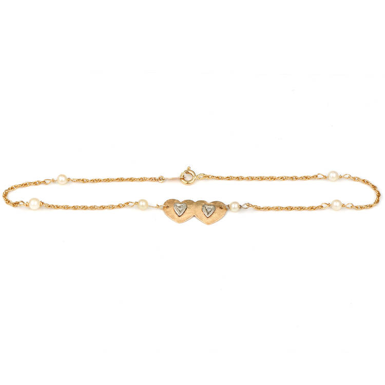 14KYW Vintage Diamond & Seed Pearl Station Anklet Bracelet