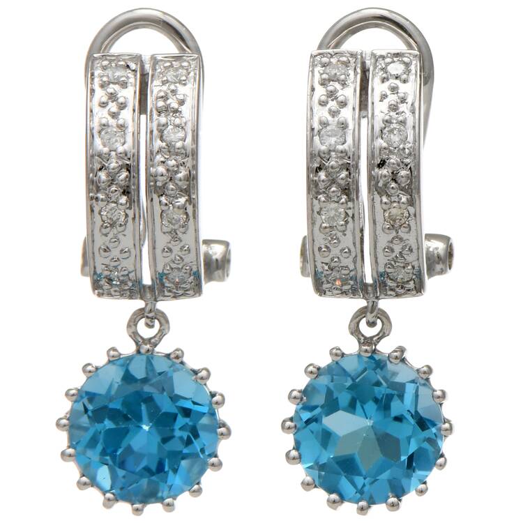 14KW Blue Topaz(3.10) & Diamond(0.08) Dangle Earrings