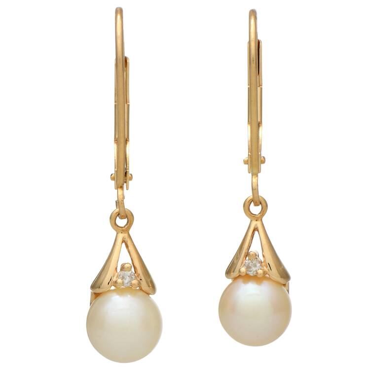 14KY Akoya Pearl (6.7-6.9 mm) & Diamond Accent Dangle Earrings