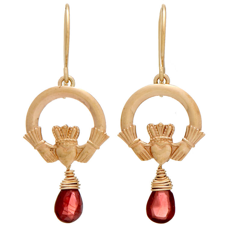 9KY Vintage Garnet Claddagh Drop Earrings