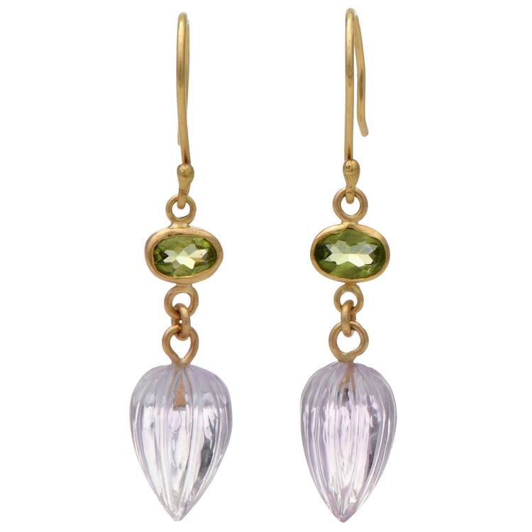 18KY Amethyst Bead & Peridot(0.96) Drop Earrings