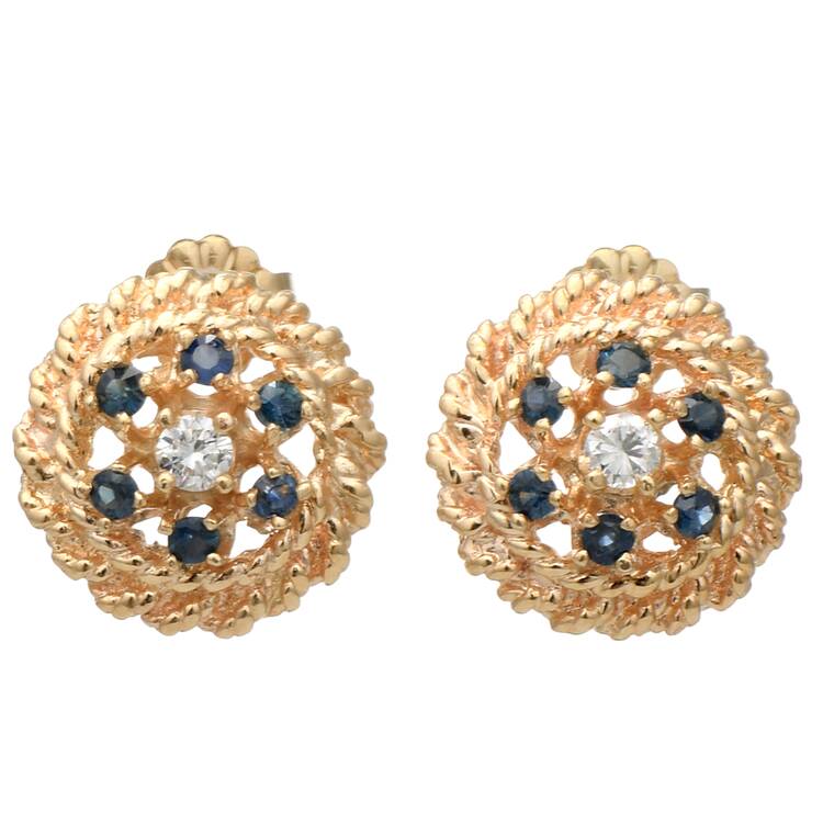 14KY Sapphire(0.50) & Diamond(0.20) Button Style Earrings
