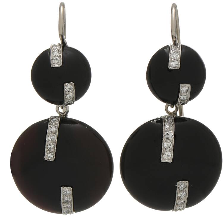 18/14KW Platinum Art Deco Onyx & Diamond(0.35) Dangle Earrings