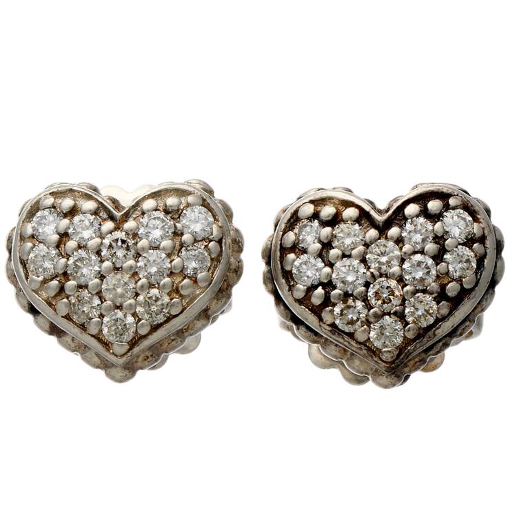 Sterling Silver 14KY Lagos Caviar Pave Diamond(0.52) Heart Stud Earrings