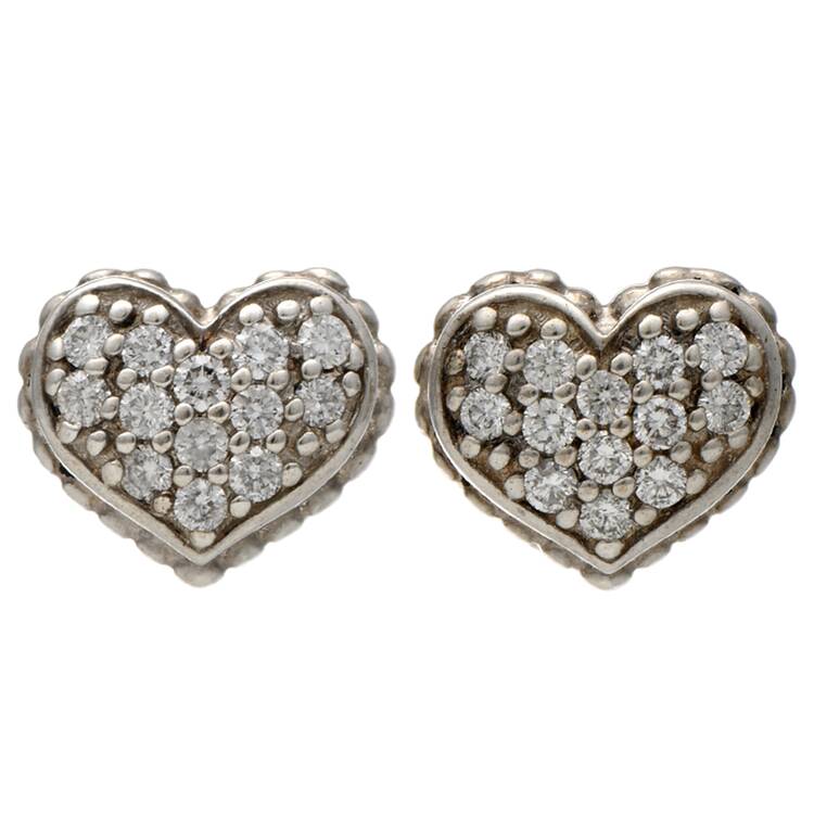 Sterling Silver 14KY Lagos Caviar Pave Diamond(0.52) Heart Stud Earrings