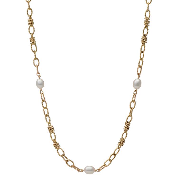 14KY Textured Fancy Link & Pearl(5.6 mm) Station Necklace