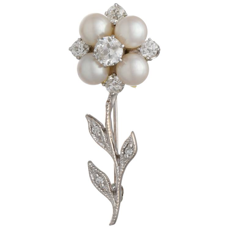 14KW Vintage Diamond(1.03) & Akoya Pearl(5.6-5.7 mm) Flower Pin
