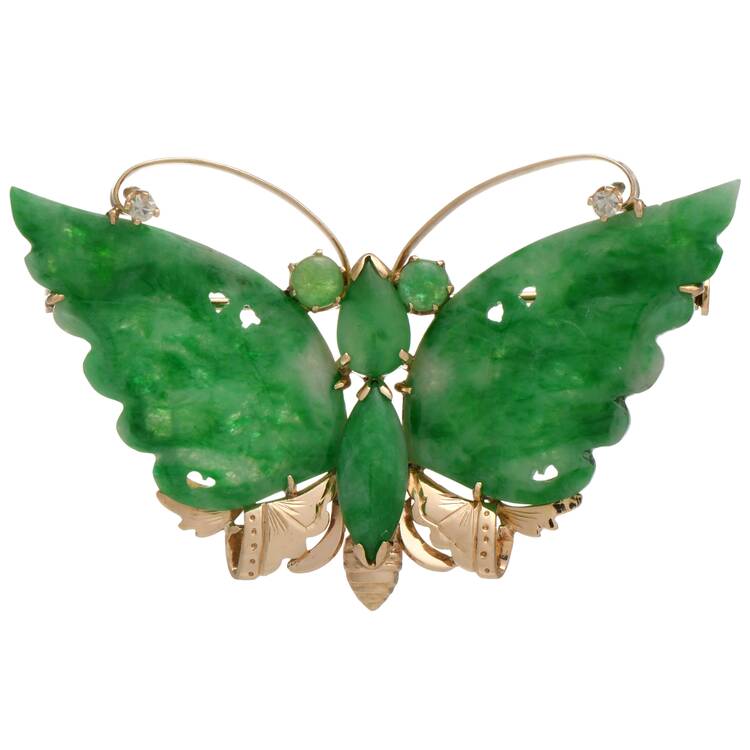 14KY Hand-Carved Jadeite Jade & White Topaz(0.08) Butterfly Pin