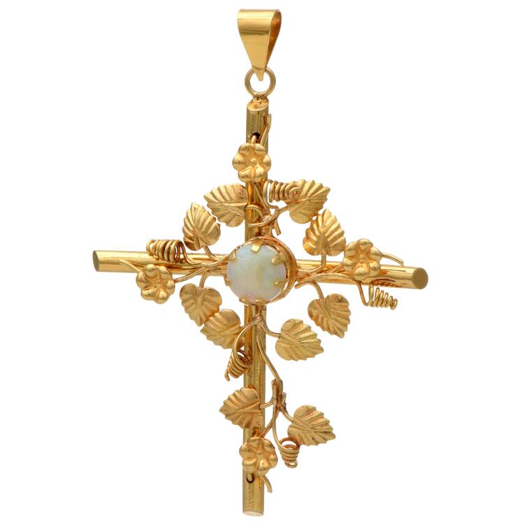 18KY White Opal(0.85) Floral Cross Pendant