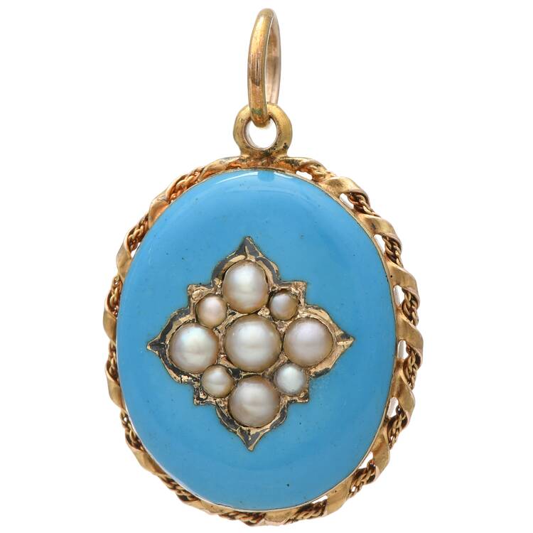 19KY Victorian Blue Enamel & Seed Pearl(1.75-3.0 mm) Locket Pendant