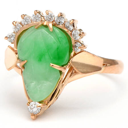 14KR Vintage Carved Jadeite & Cubic Zirconia Ring