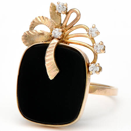 10KY Vintage Onyx & Cubic Zirconia Bow Ring