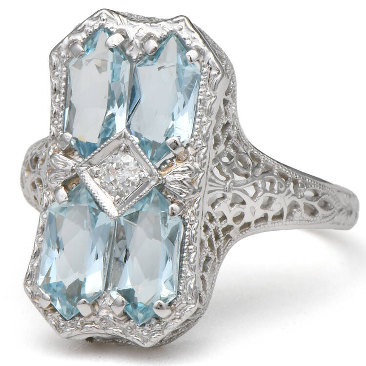 14KY Art Deco Aquamarine (2.05) & Diamond (0.07) Ring